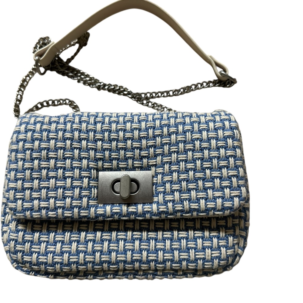 H&M Light Blue White Woven Tweed Silver Chain Crossbody Bag NWT - Picture 5 of 9